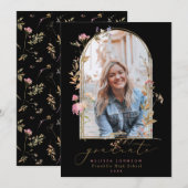 Wilde bloemen Zwarte Foto Afstuderen Aankondiging (Voorkant / Achterkant)