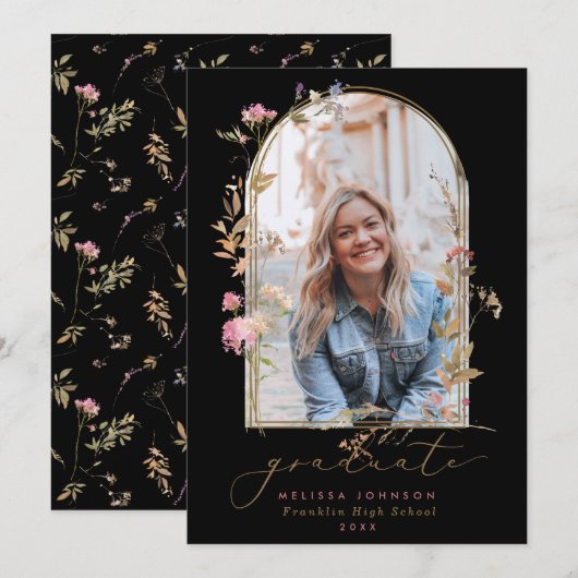 Wilde bloemen Zwarte Foto Afstuderen Aankondiging (Voorkant / Achterkant)