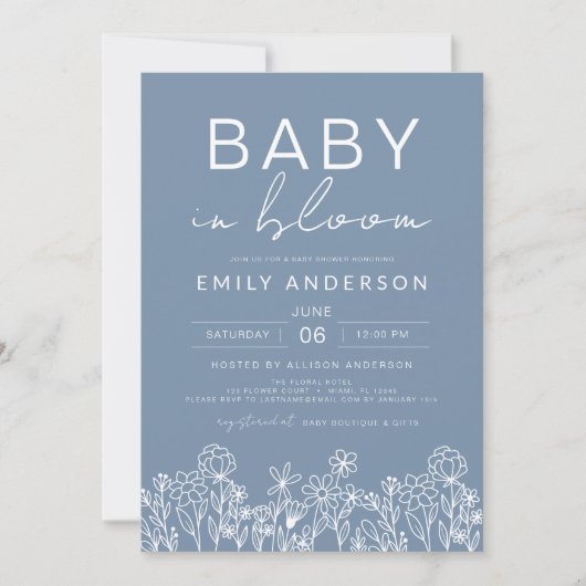 Wilde bloemenbaby in bloei Baby Shower Stofblauw Kaart (Voorkant)