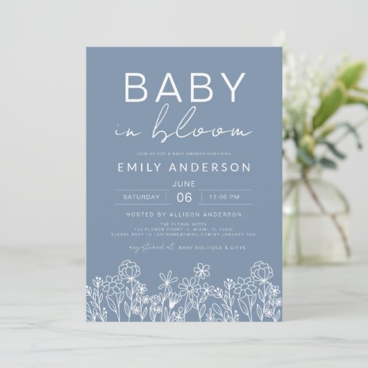 Wilde bloemenbaby in bloei Baby Shower Stofblauw Kaart (Staand voorkant)