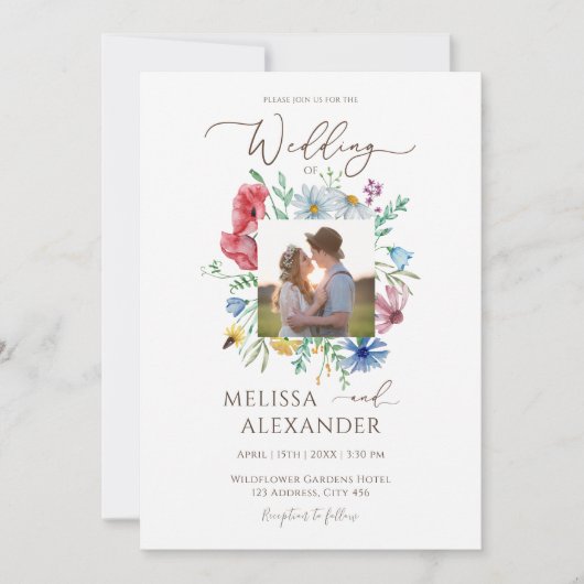 Wilde bloemenboho tuinbloemfotobruiloft kaart (Voorkant)