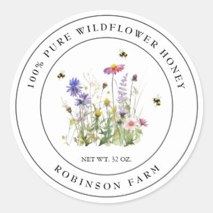Wilde bloemenhoninglabel met bijen ronde sticker