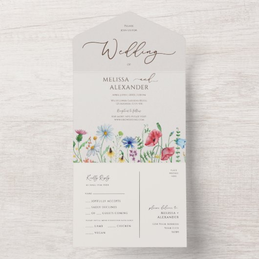 Wilde bloementeelt Weddenschap Beige Seal and Send All In One Uitnodiging (Binnen)