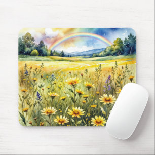 Wilde Bloemenveld met Regenboog in Waterverf Muismat