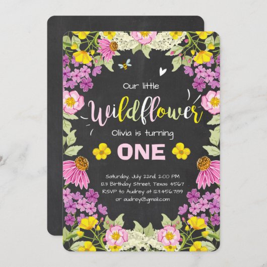 Wilde bloemenverjaardagsuitnodiging Floral Girl ro Kaart (Voorkant / Achterkant)