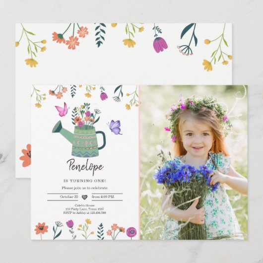 Wilde bloemenverjaardagsuitnodiging Girl Garden Fl Kaart (Voorkant / Achterkant)