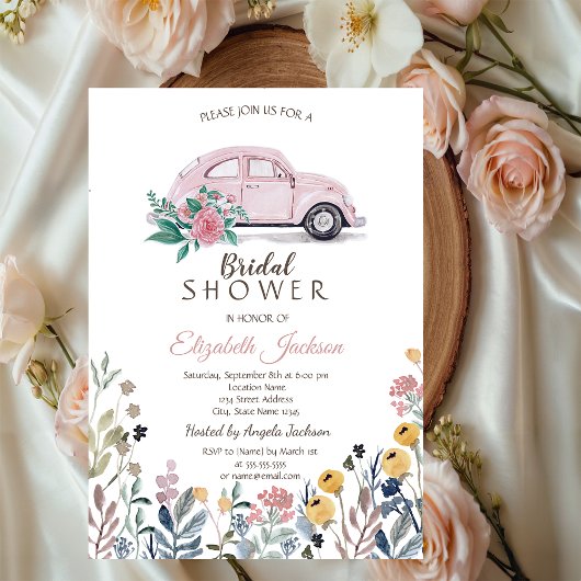 Wilde Bloemenwei Roze Auto Bruids Bruiloftsfeest Kaart