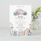 Wilde Bloemenwei Roze Auto Bruids Bruiloftsfeest Kaart (Staand voorkant)