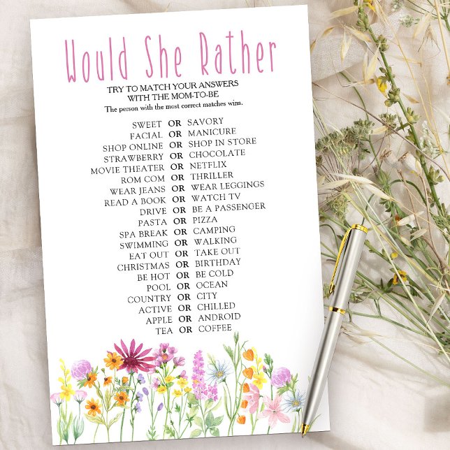 Wilde bloemenwei zou ze een echte douwergame zijn (Baby Shower or Bridal Shower Game - Would she Rather - from my Wildflower Meadow collection)