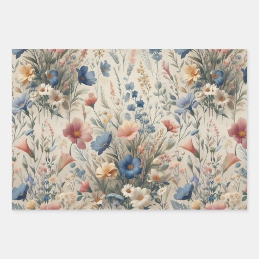 Wilde bloemenweide Beige Achtergrond Inpakpapier Vel (Voorkant)