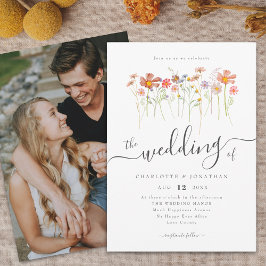 Wilde Bloemenweide Boho Elegante Script Foto Kaart