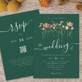 Wilde Bloemenweide Elegante Script Groene QR-code Kaart