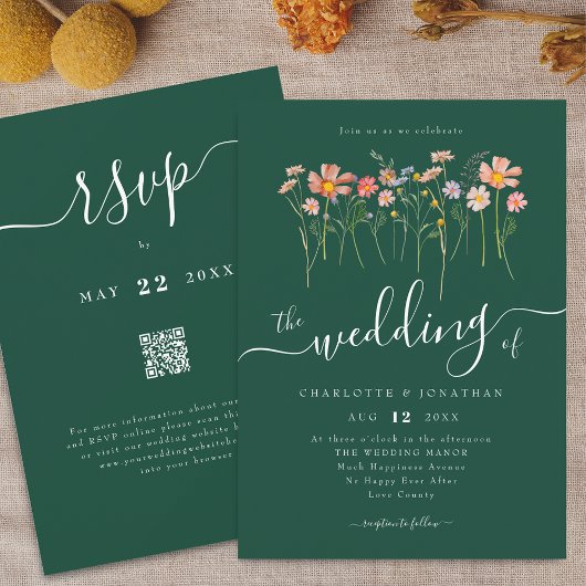 Wilde Bloemenweide Elegante Script Groene QR-code Kaart