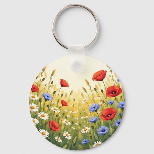 Wilde Bloemenweide Klaproos Patroon Sleutelhanger (Voorkant)
