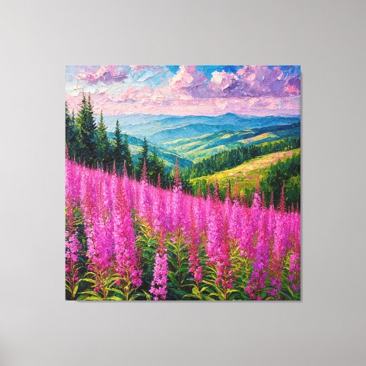 Wilde bloemenweide met berglandschap canvas afdruk (Voorkant)
