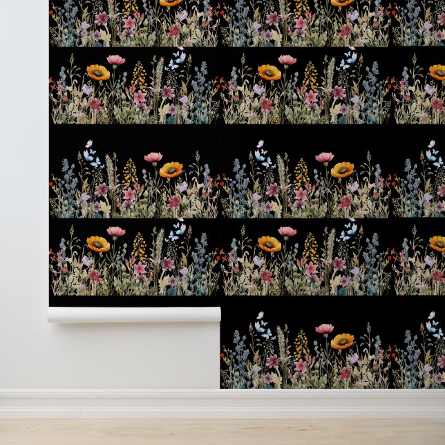 Wilde Bloemenweide Middennacht Textuur Behang (Applicatie)