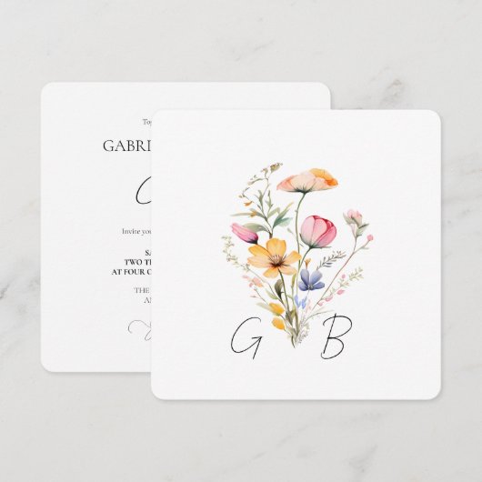 Wilde Bloemenweide Monogram Vierkant Trouwen Kaart (Voorkant / Achterkant)