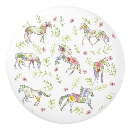 Wilde Bloemenweide Poneys Keramische Knop (Voorkant)