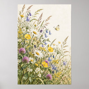 Wilde Bloemenweide Vlinder Botanische Muurkunst Poster