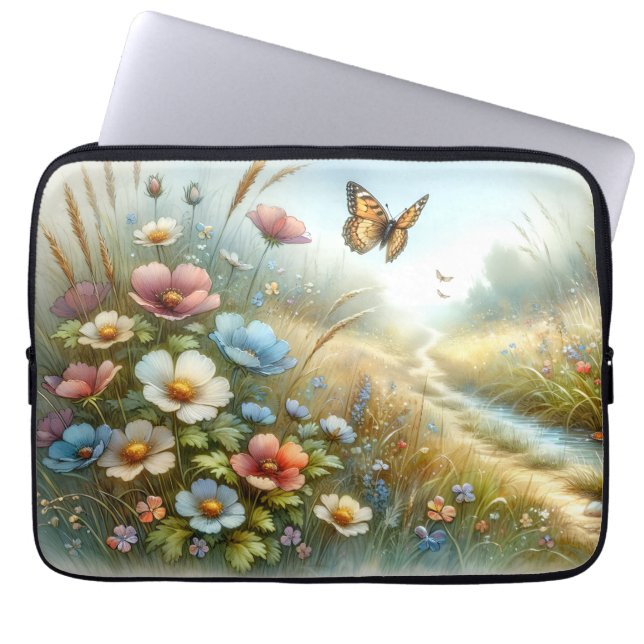 Wilde Bloemenweide Vlindertuin Laptop Sleeve (Voorkant)