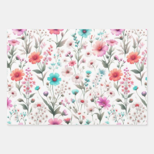 Wilde bloemenweide wit, groen, blauw, bruin, turko inpakpapier vel (Voorkant 3)