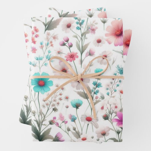 Wilde bloemenweide wit, groen, blauw, bruin, turko inpakpapier vel (In situ)