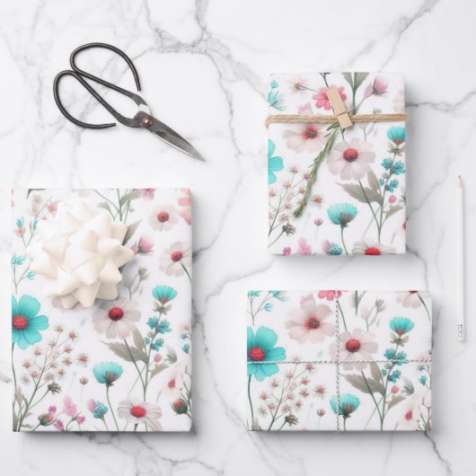 Wilde bloemenweide wit, groen, blauw, bruin, turko inpakpapier vel (Voorkant)