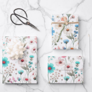 Wilde bloemenweide wit, groen, blauw inpakpapier vel