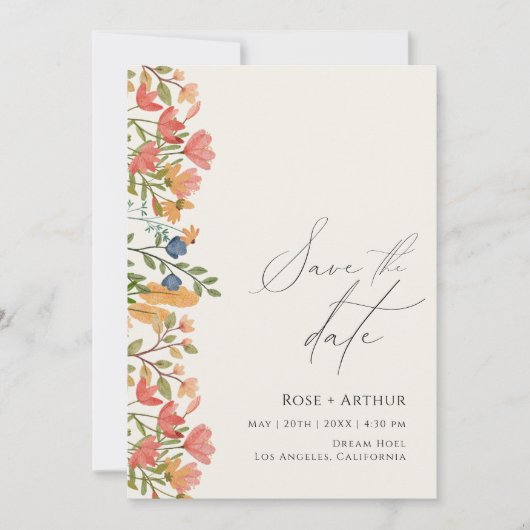 Wilde bloemscript slaat de datum op kaart (Voorkant)