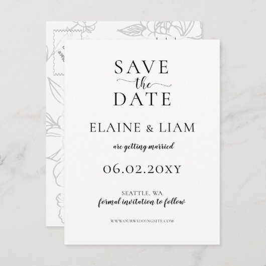 Wilde bloesems Black en White Calligraphy Wedding Aankondigingskaart (Voorkant / Achterkant)