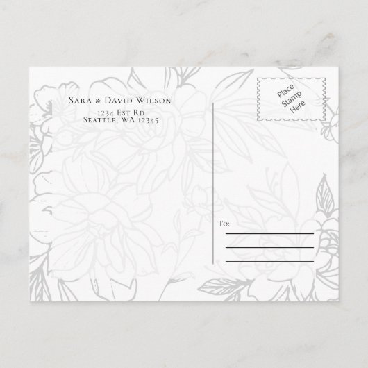 Wilde bloesems Black en White Calligraphy Wedding Aankondigingskaart (Achterkant)
