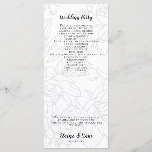 Wilde bloesems Black en White Calligraphy Wedding Programmakaart (Achterkant)