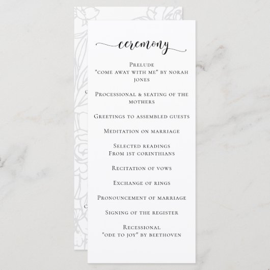 Wilde bloesems Black en White Calligraphy Wedding Programmakaart (Voorkant / Achterkant)