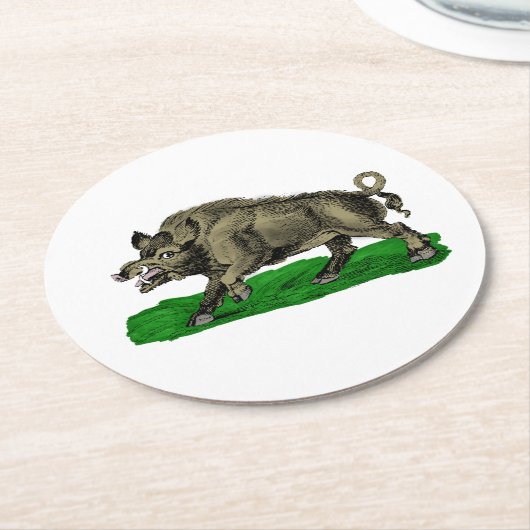  Wilde Boar Tekening BW #3C Ronde Kartonnen Onderzetter (Gebogen)
