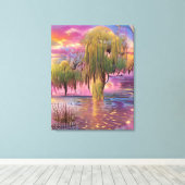 Wilde bomen bij Roze zonsondergang door de vijver Canvas Afdruk (Insitu (Houten vloer))