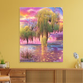 Wilde bomen bij Roze zonsondergang door de vijver Canvas Afdruk (Insitu (Woonkamer))