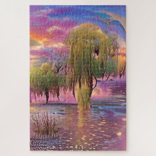 Wilde bomen bij Roze zonsondergang door de vijver Legpuzzel (Verticaal)