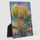 Wilde boom op zonsondergang door de vijver fotoplaat (Zijkant)