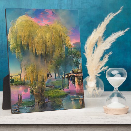 Wilde boom op zonsondergang door de vijver fotoplaat (Zijkant)