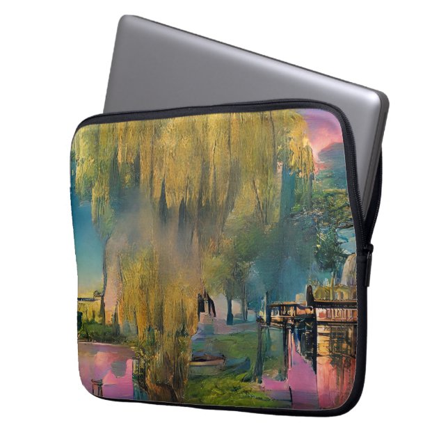 Wilde boom op zonsondergang door de vijver laptop sleeve (Voorkant Links)