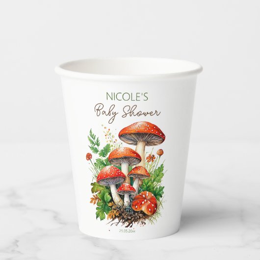 Wilde bospaddenstoelen baby shower bedrukte sjablo papieren bekers (Voorkant)