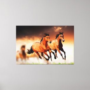 Wilde bruine paarden hardlopen canvas afdruk