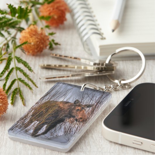 Wilde Canadese Moose Koe in Winter Snow I Sleutelhanger (Voorkant Rechts)