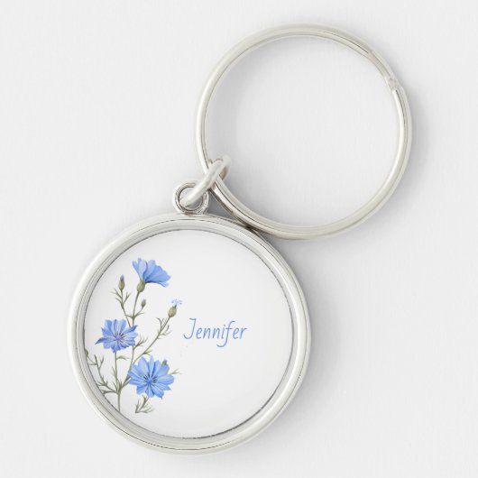 Wilde Cichorei Bloem Botanische Aangepaste Naam Sleutelhanger (Voorkant)