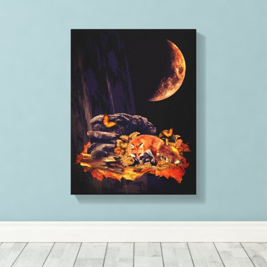 Wilde collage met vos, egel en amber maan canvas afdruk (Insitu (Houten vloer))