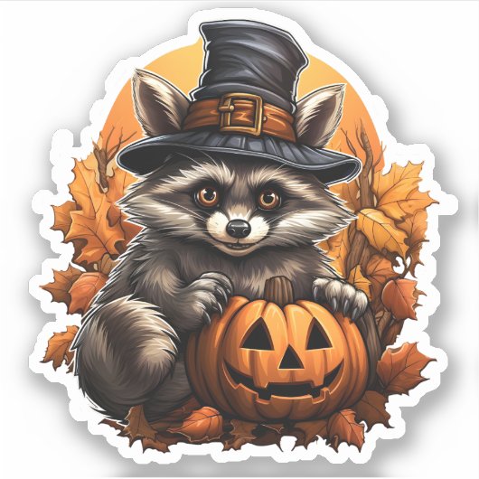 Wilde dier met pompoen Cartoon Halloween Raccoon Sticker (Voorkant)