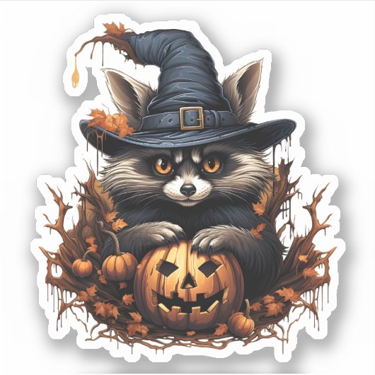 Wilde dier met pompoen Cartoon Halloween Raccoon Sticker (Voorkant)
