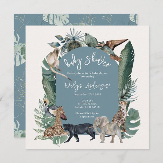 Wilde dier waterverf tropisch blauw Baby shower Kaart (Voorkant / Achterkant)