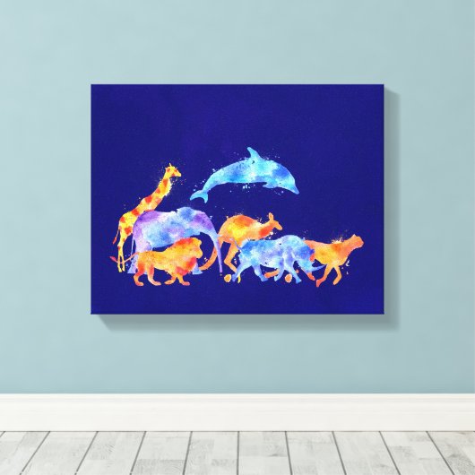 Wilde dieren die samen een kleurrijke Waterverf lo Canvas Afdruk (Insitu (Houten vloer))