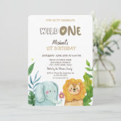 Wilde dieren Elephant Lion verlaat 1e verjaardag Kaart (Staand voorkant)